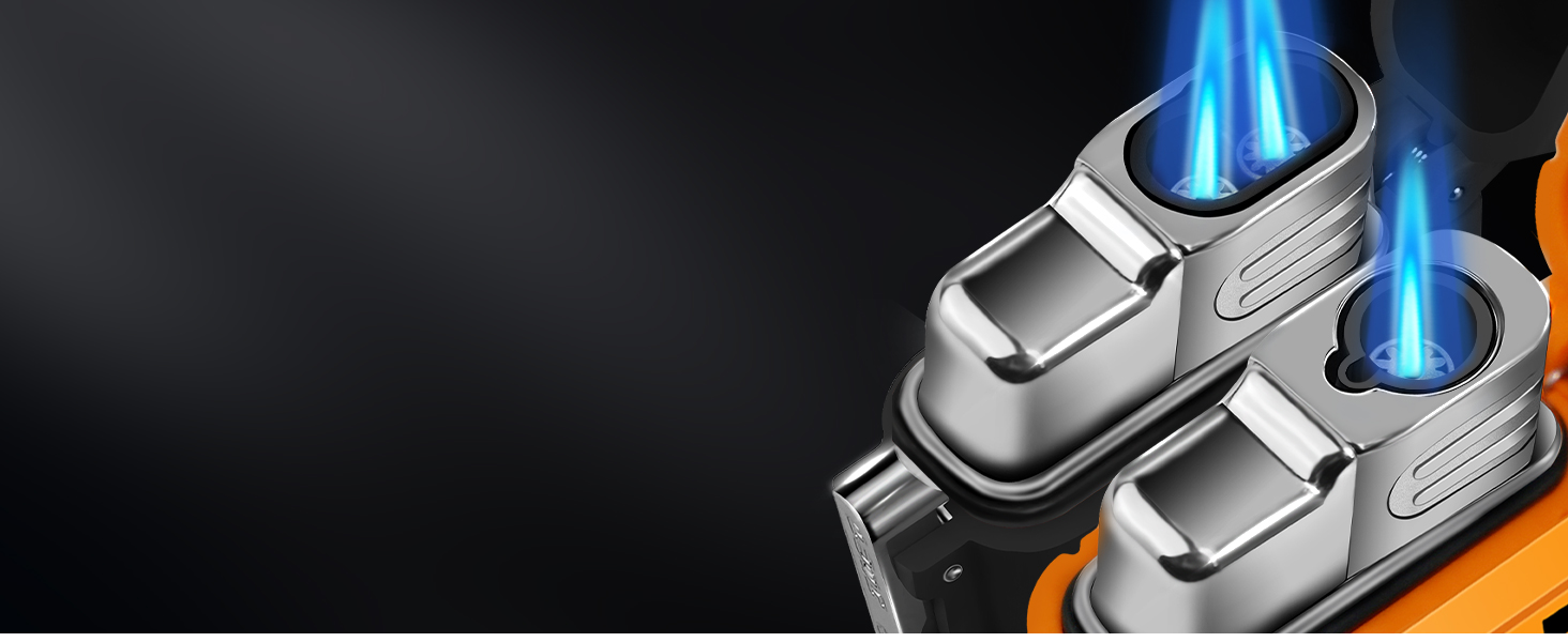 Close-up of dual metallic lighter units with bright blue flames against dark background.
