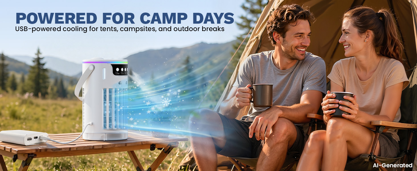 mini air cooler offers USB-powered cooling for tents, campsites, and outdoor breaks