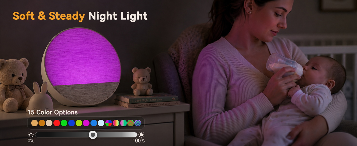 Late-night nursing and baby care 15-color, dimmable nightlight for a gentle, cozy bedside glow.
