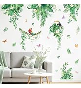 Tanlaby Tropical Leaves Wall Decals Hanging Vines Palm Leaf Wall Stickers | Parrots Jungle Green ...
