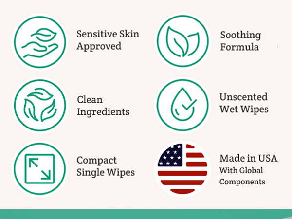 Made in the USA, single wipes, soothing formula, for sensitive skin, unscented, clean ingredients