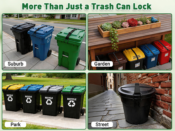 Fits 28-96 gallon bins. Works at home, garden, park, or recycling center. Round or square cans.