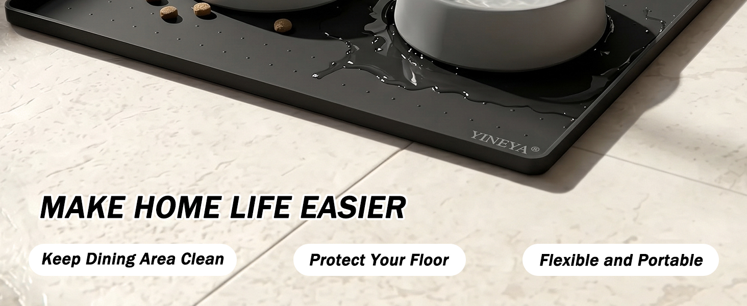 Text reads "MAKE HOME LIFE EASIER", "Keep Dining Area Clean", "Protect Your Floor", "Flexible and Portable". Black mat with white text showing home protection and cleaning benefits.