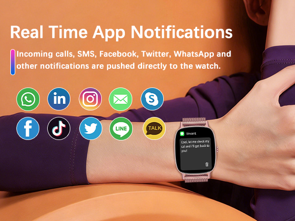 Text reads 'Real Time App Notifications'. Smartwatch display showing various app icons including WhatsApp, Facebook, Twitter, and other social media notifications.