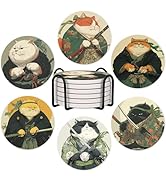 6Pcs Cat Coasters Ninja Edition with Holder, Funny Anime Cat Ceramic Drink Coaster for Kinds of C...