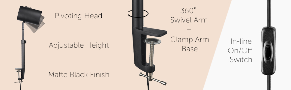 Pratt 18" Adjustable Height Clamp-Arm Desk Lamp, Matte Black, In-Line On/Off Switch
