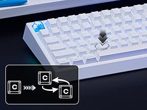 Close-up sequence showing keyboard key removal and replacement process. Technical illustration with directional arrows demonstrating proper key switching technique.