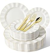 QualQuot 250PCS Ivory Plastic Plates Sets with Gold Rim, Gold Dinnerware Set for 50 Guests,100 Di...