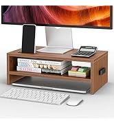 BONTEC Wooden Monitor Stand Riser, 2-Tier Desk Shelf with Storage Organizer, Ergonomic Computer S...