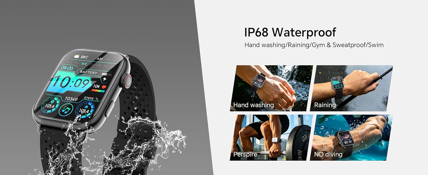 Text reads "IP68 Waterproof". Smartwatch on wrist displayed in water splash with four demonstration photos showing waterproof durability testing in various conditions.