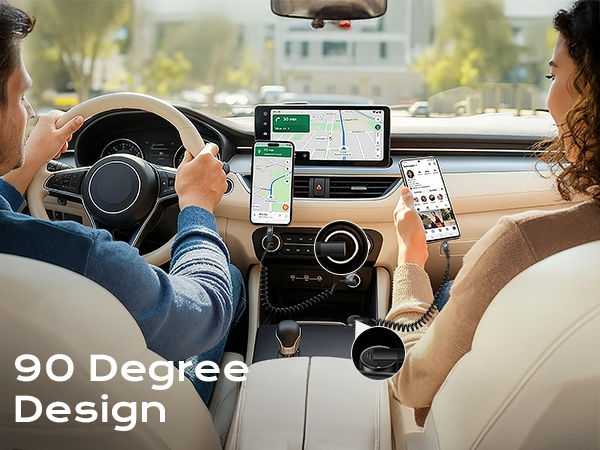 Text reads '90 Degree Design'. Multiple images showing car mount holder being used in vehicle, demonstrating installation and adjustment features.