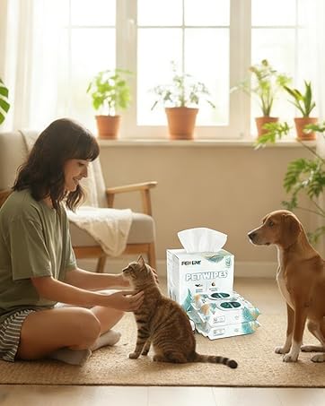 A woman wipe a cat and a dog