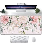 Desk Pad, Pink Watercolor Flowers and Green Leaves Extended Large Gaming Mouse Pad XXL, Large Des...
