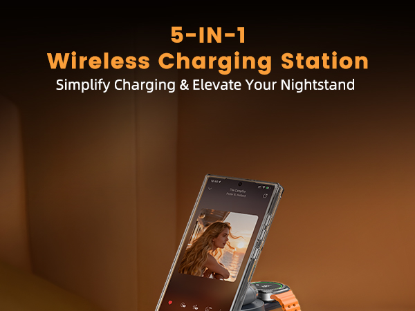 Text reads '5-IN-1' and 'Wireless Charging Station' with subtitle 'Simplify Charging & Elevate Your Nightstand'. Dark product photos showing multi-device charging setup.