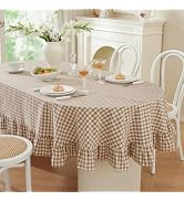 Wolkemer Taupe and White Gingham Ruffled Oval Tablecloth, 60x84 Inch | Washed Cotton Buffalo Plai...