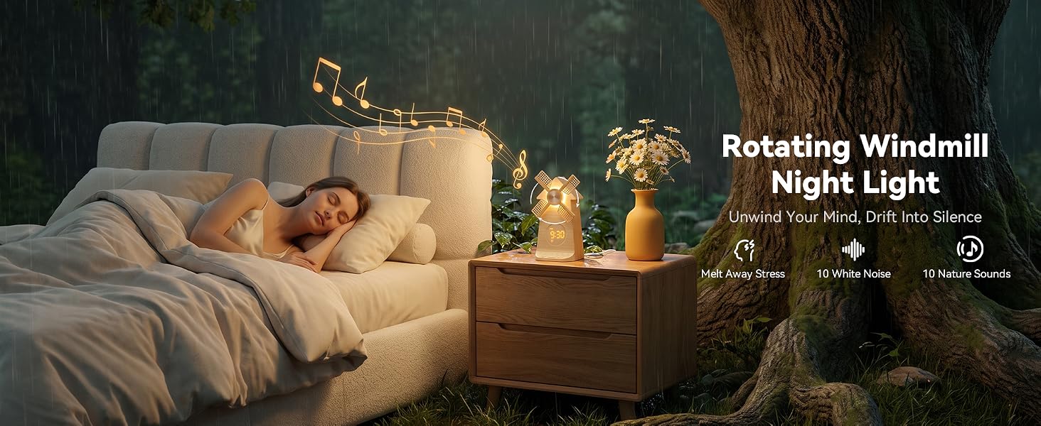 Sunrise Alarm Clock with Rotating Windmill, White Noise Machine for Sleeping