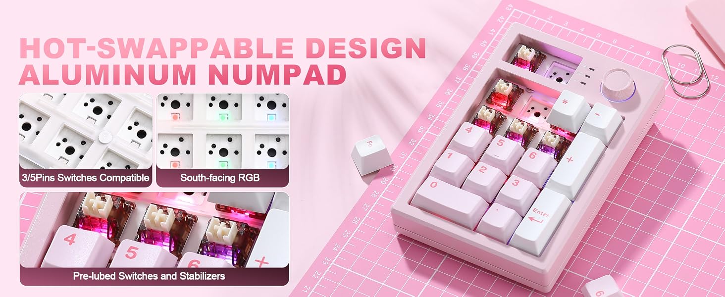 Text reads 'HOT-SWAPPABLE DESIGN' and 'ALUMINUM NUMPAD'. Pink mechanical keyboard numpad with hot-swappable switches displayed with keycap variations.