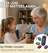 Text reads 'NEVER LOSE WHAT MATTERS AGAIN', 'Key Finder Locator', 'A Practical Gift for Family & Friends'. Adult and child holding gift; colorful tracker devices shown: black, teal, red, purple models.