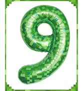 40 Inch Giant Green Pixel Miner Theme Number Foil Balloons, Numbers 9 Available, Large Mining Sty...