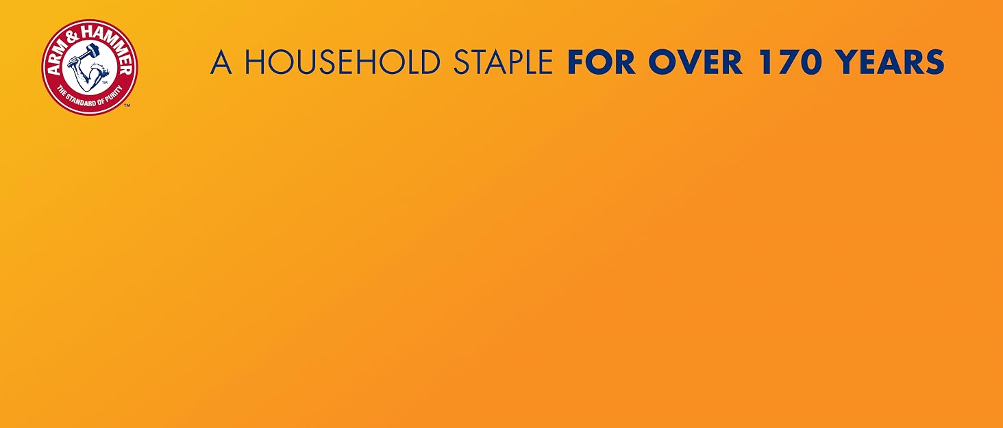Arm & Hammer Logo with text "A Household Staple For Over 170 Years" Against Orange Background