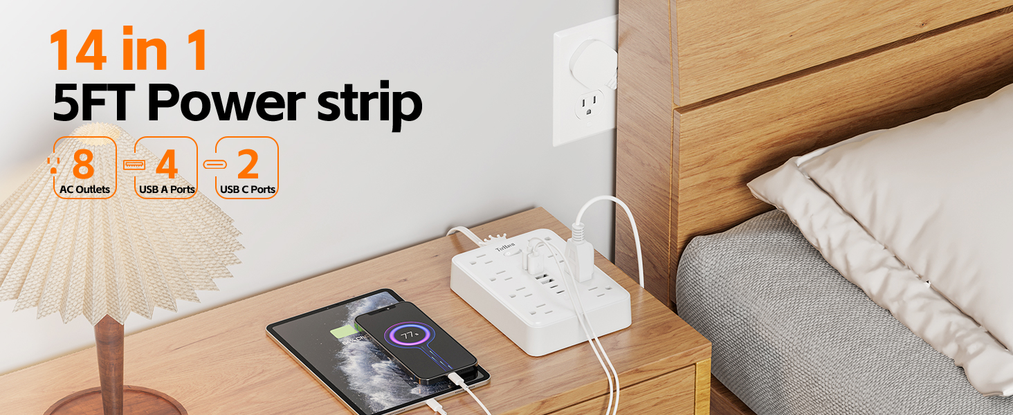 MCSCN TerHavn 14-in-1 surge protector 8AC 6USB 5/10/15 FT flat plug white TerHavn