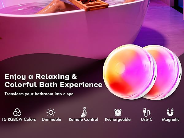 Rechargeable Shower Light for Inside Shower, 15 Color Changing Waterproof Lights for Shower Bathroom