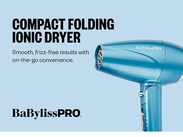 Compact folding blue ionic dryer promotes portable styling with a smooth, frizz-free finish.