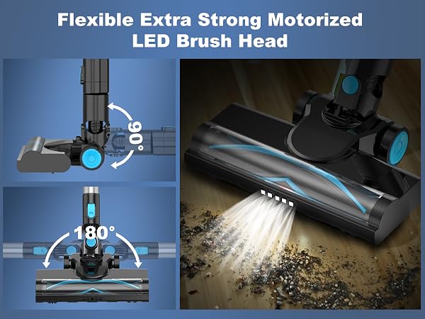 Flexible motorized led brush head illuminates hidden dust in dark tight corners