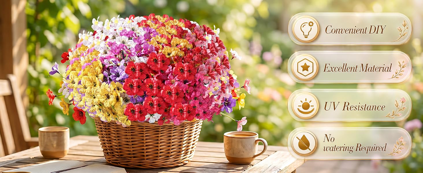 They are weather proof and fade-resistant, no watering, feeding, or trimming needed