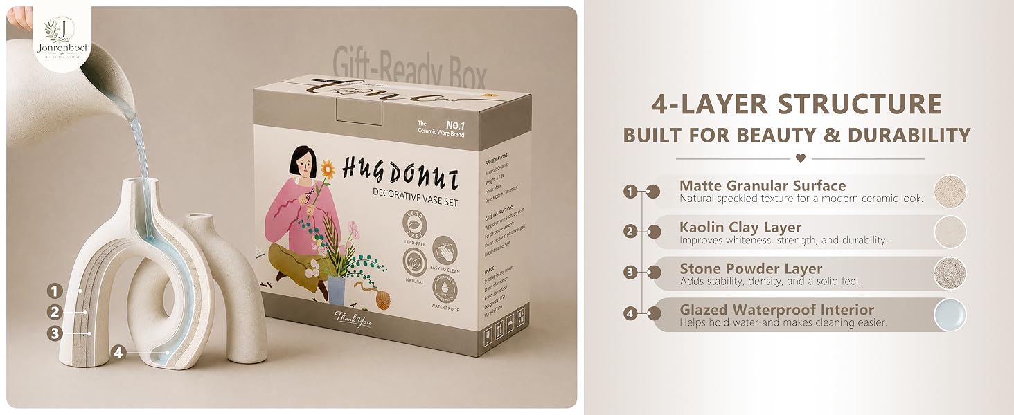 Ceramic donut vase showing a cutaway structure, waterproof interior, and gift-ready box.