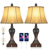 Set of 2 Touch Control 3-Way Dimmable Table Lamps with 2 USB Charging Ports Traditional Bedside L...