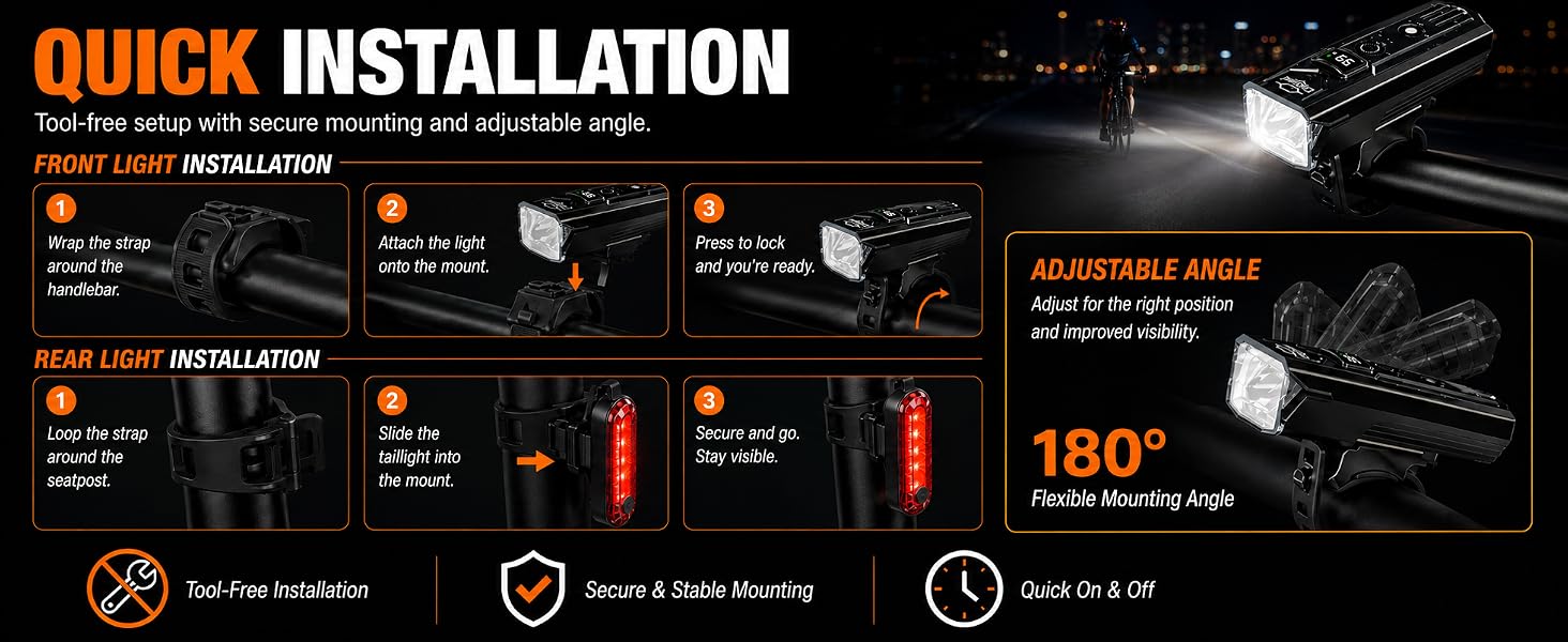 Tool-free quick install bike light set with 180° adjustable mounting angle