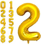 PIGETALE Gold Number 2 Balloon, 40 Inch Giant Helium Foil Number 0-9 Golden 2th Birthday Balloon ...
