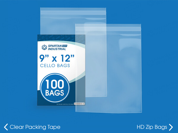Two of our crystal clear self sealing cello bags in front of its packaging on a blue background
