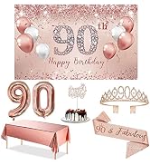 Trgowaul 90th Birthday Decorations Party Set for Women, Rose Gold 90 Birthday Banner and Tableclo...