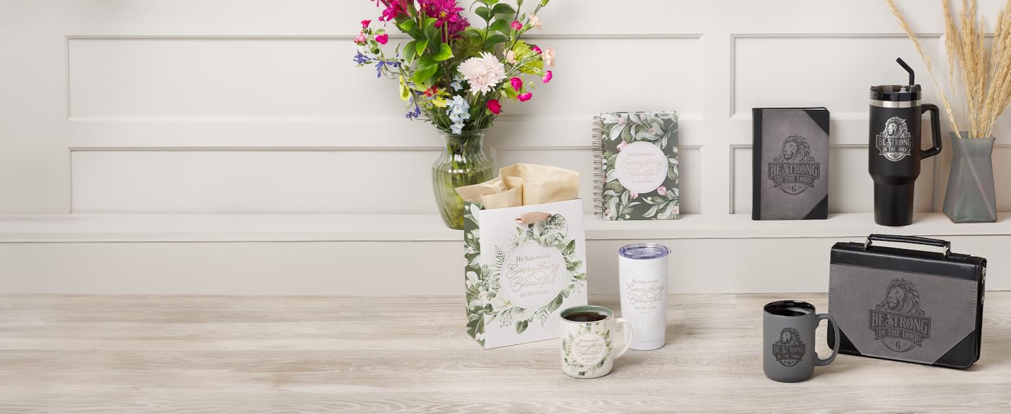 Gift collections for men and women coordinating gifts travel ceramic mugs Bible covers gifting bags