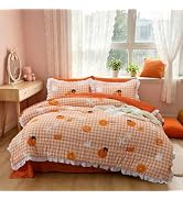 Holawakaka Ruffle Gingham Comforter Set Twin, Ruffled Orange Plaid Bedding Set with Sheets, 5 Pie...