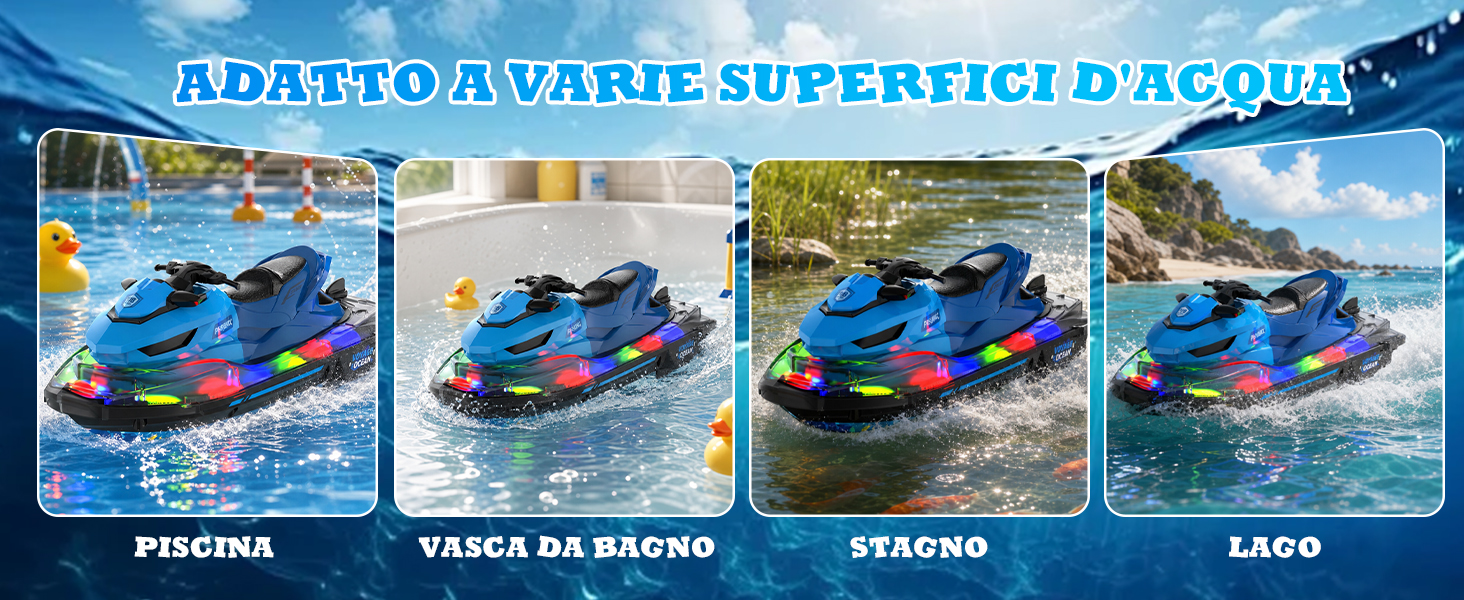 Text reads 'ADA TO AVANE SUPERFICI D'ACQUA' with Italian location names 'PISCINA', 'VASCA DA BAGNO', 'STAGNO', 'LAGO'. Four product images showing blue water toy or float device in different water settings.