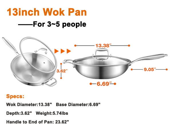 13inch stainless steel wok pan