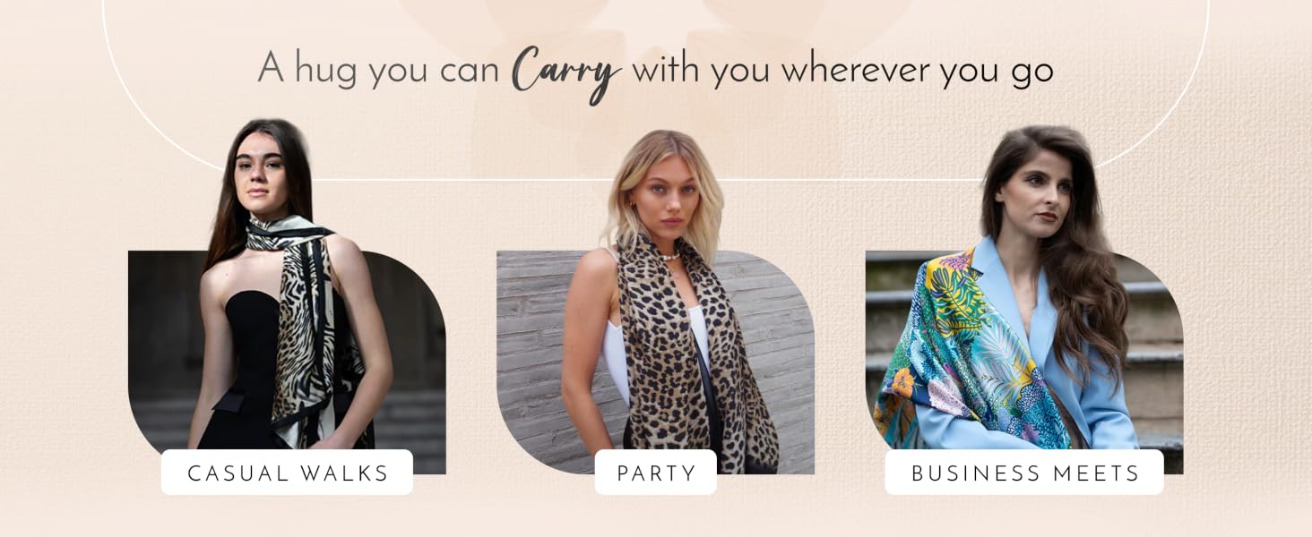 Text reads: 'A hug you can carry with you wherever you go'. Product advertisement showing weighted blanket or wrap in three different fabric patterns.