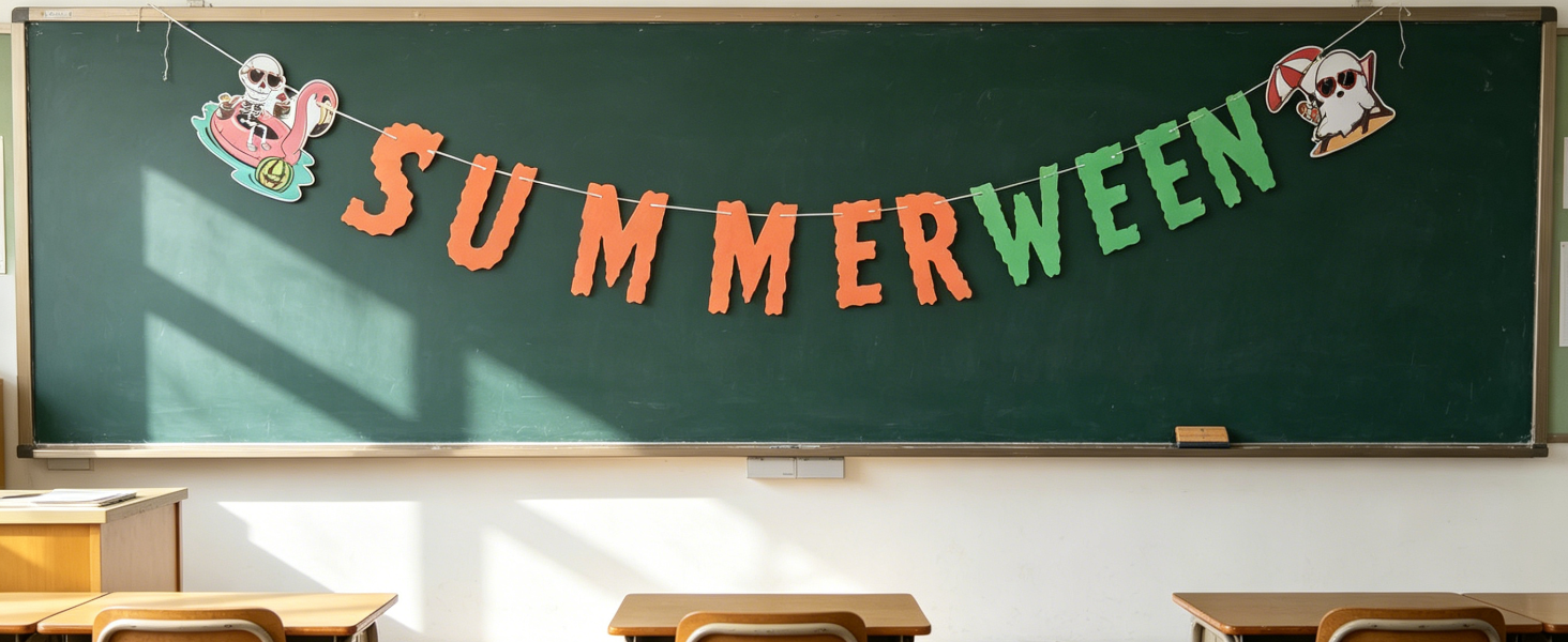 Summerween banner above chalkboard, kids’ summer decoration.