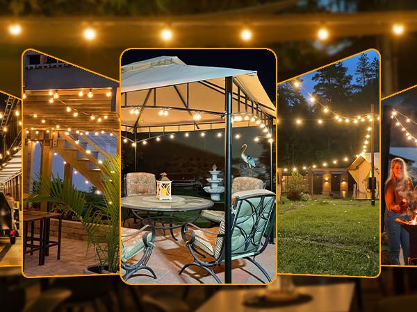Outdoor patio with string lights, featuring a gazebo, table and chairs, decorative fountain, and grassy area. Multiple views show seating areas and ambient lighting creating a cozy atmosphere.