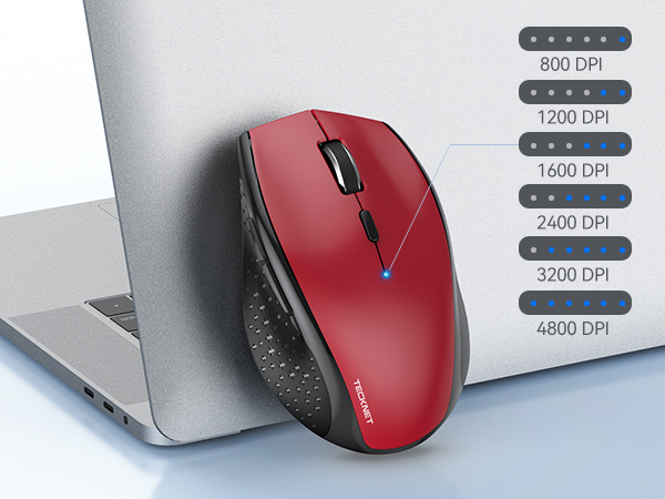 Red and black wireless computer mouse shown next to laptop, featuring multiple DPI settings from 800 to 4800, with ergonomic design and textured grip surface.
