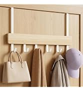 Peasulin Over the Door Hook Rack with 6 Hooks, Wood and White Metal (Natural Wood, 1-3/4" Door 11...