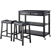 Crosley Furniture Granite Top Kitchen Prep Rolling Cart, Coffee Bar, with Set of 2 Upholstered Sa...