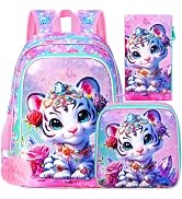 ZLYERT 16" Tiger Backpack for Girls, 3Pcs Kids School Backpacks with Lunch Box, Bookbag for Eleme...