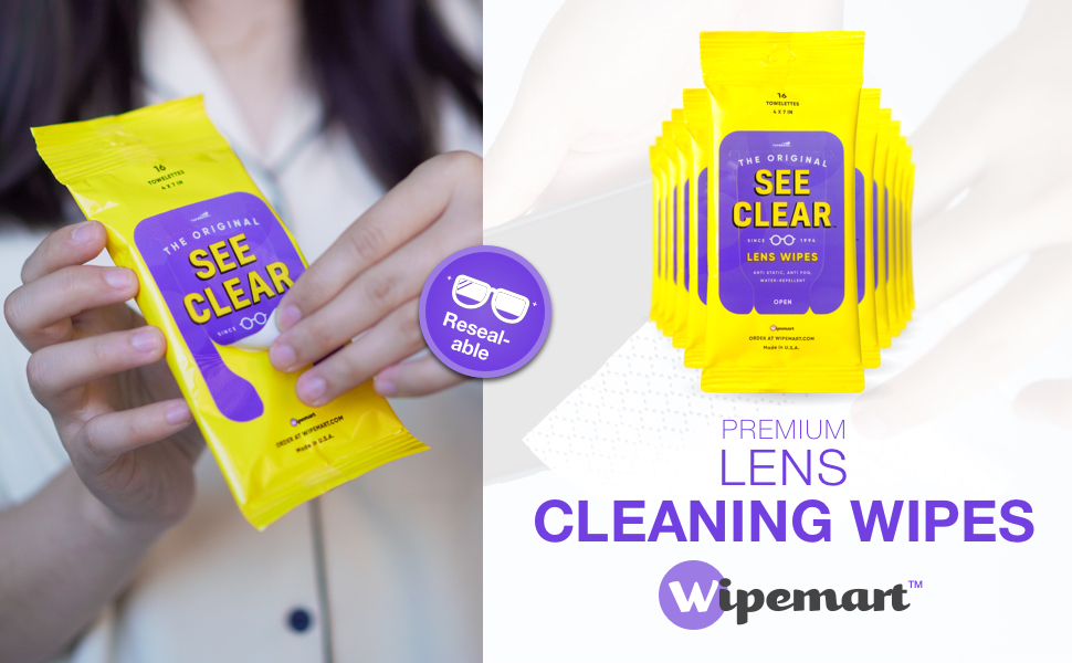See Clear premium lens wipes by Wipemart. Opening the resealable pack.