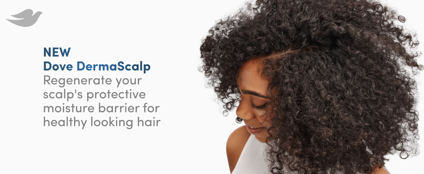 Woman with curly, black & strong-looking hair next to text about our Dove DermaScalp technology.