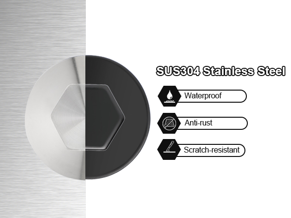 Stainless steel product with hexagonal design, showing waterproof, anti-rust, and scratch-resistant properties. Split image displays brushed metal and black surfaces.