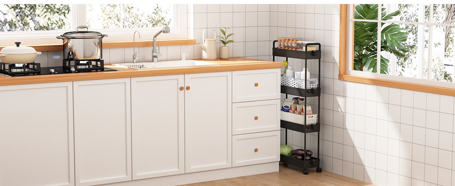 Slim Rolling Storage Cart with Wheels 4 Tier Skinny Bathroom Storage Organizer Narrow Shelf Unit